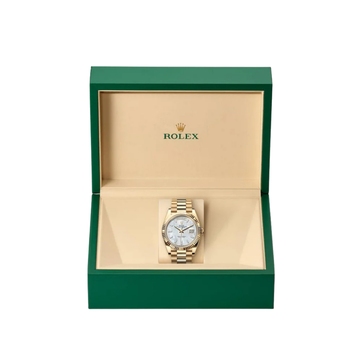 Rolex Day-Date "President" 40mm Yellow Gold Mother of Pearl Diamond Baguette Dial - 128238 - New 2026