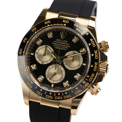 Daytona 40mm Yellow Gold Black and Golden Diamond Dial Oysterflex 126518LN