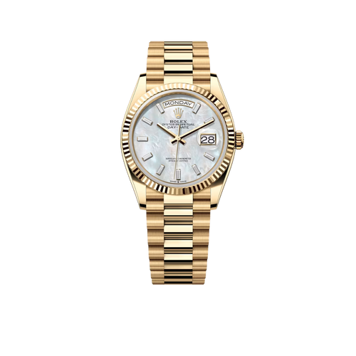 Rolex Day-Date "President" 40mm Yellow Gold Mother of Pearl Diamond Baguette Dial - 128238 - New 2026