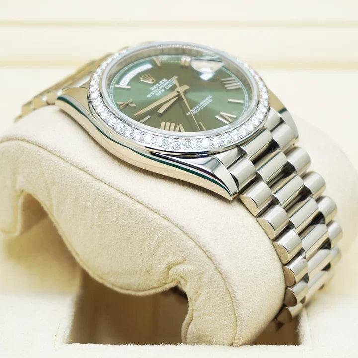 Day-Date 40 228349RBR White Gold Olive Green Dial Diamond Bezel