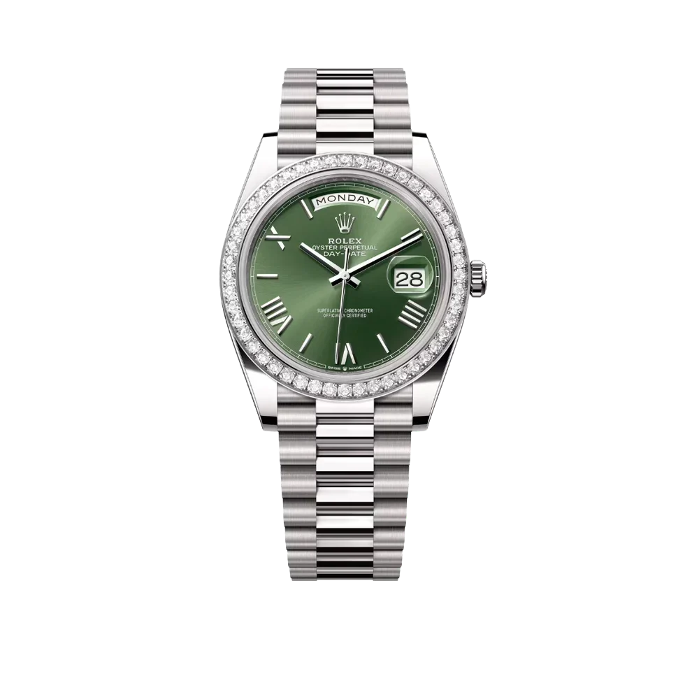 Day-Date 40 228349RBR White Gold Olive Green Dial Diamond Bezel