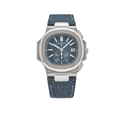 Nautilus 40mm 5980/60G-001 Flyback Chronograph White Gold Blue Dial Denim Strap