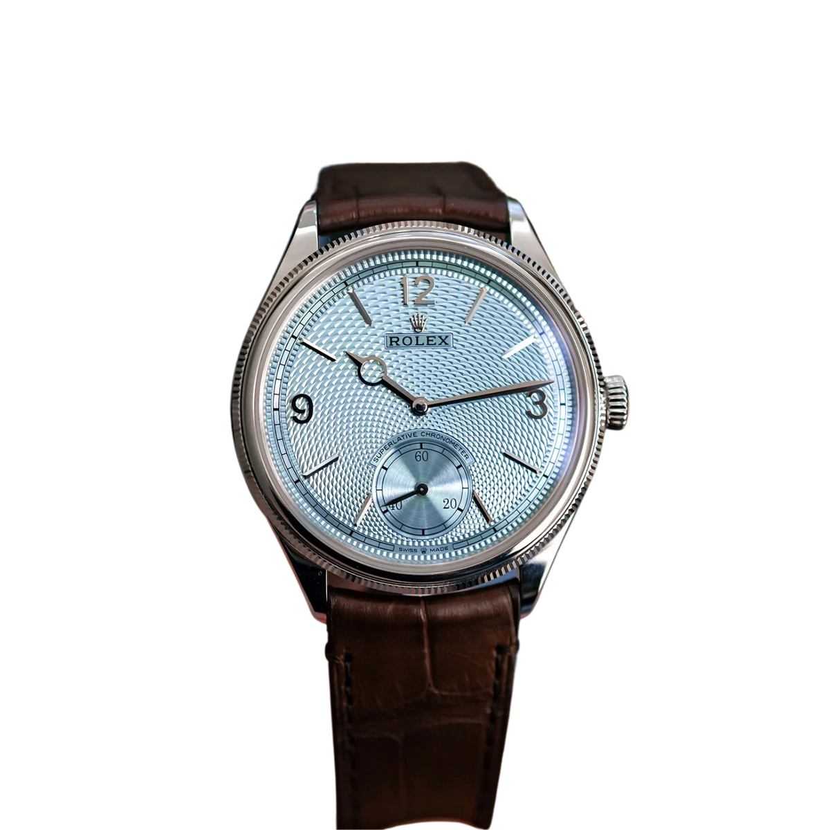 Perpetual 1908 39mm White Gold Platinum Ice Blue Dial Brown Alligator Leather Strap m52506-0002