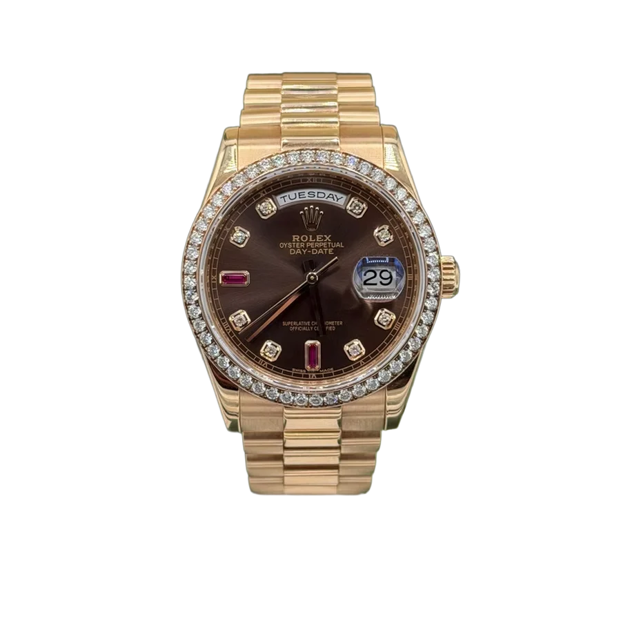 Day-Date 36mm President Bracelet Chocolate Ruby Dial Rose Gold Diamond Bezel 118235