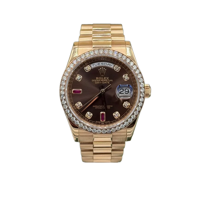 Day-Date 36mm President Bracelet Chocolate Ruby Dial Rose Gold Diamond Bezel 118235