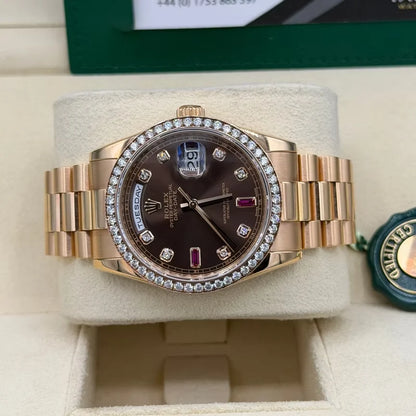 Day-Date 36mm President Bracelet Chocolate Ruby Dial Rose Gold Diamond Bezel 118235