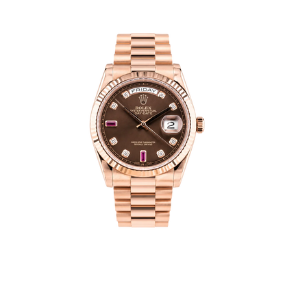 Day-Date 36mm Rose Gold 18K Chocolate Dial Ruby Diamond 118235