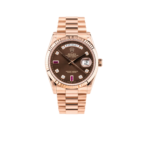 Day-Date 36mm Rose Gold 18K Chocolate Dial Ruby Diamond 118235