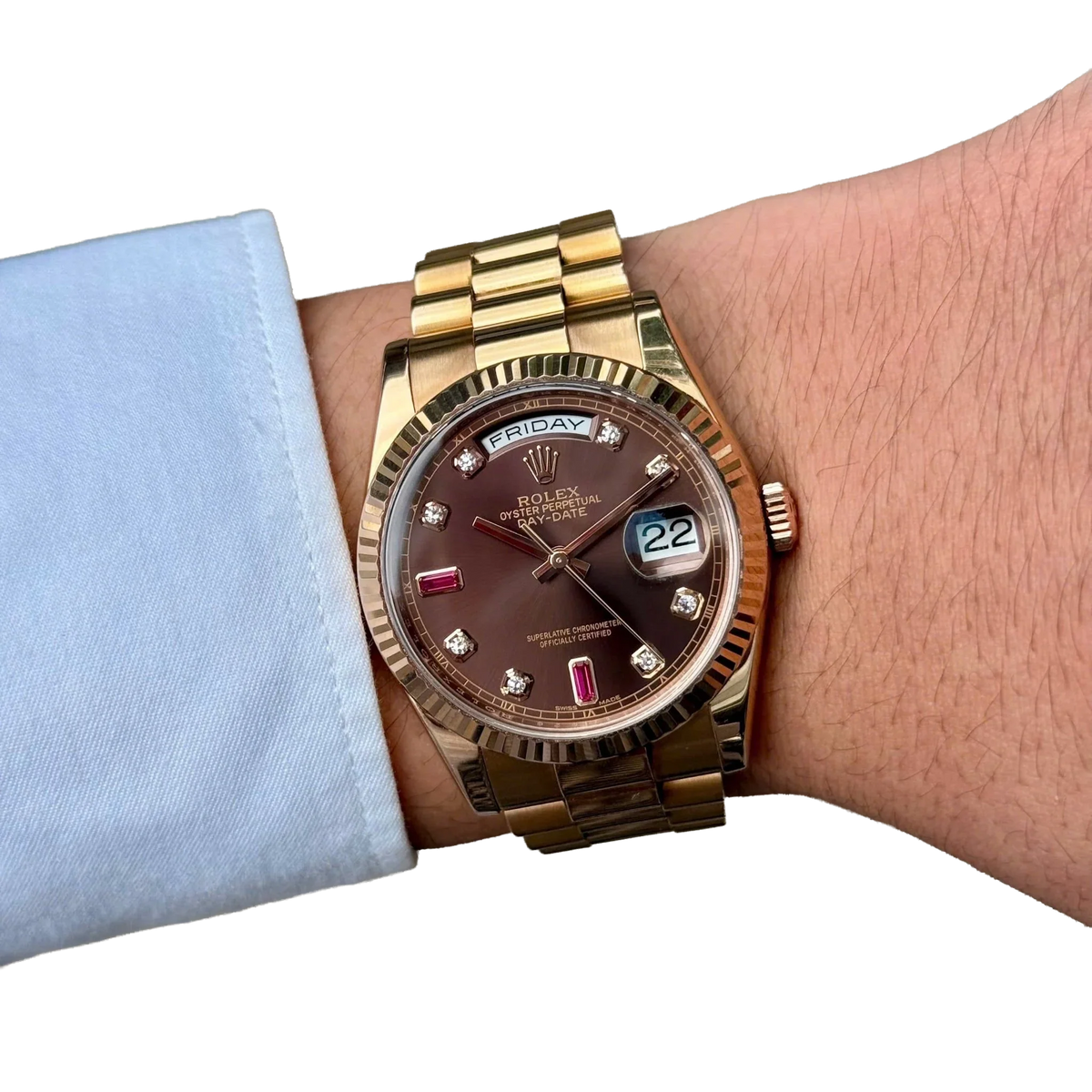 Day-Date 36mm Rose Gold 18K Chocolate Dial Ruby Diamond 118235
