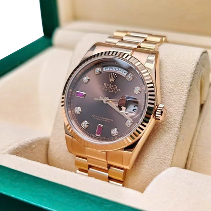 Day-Date 36mm Rose Gold 18K Chocolate Dial Ruby Diamond 118235