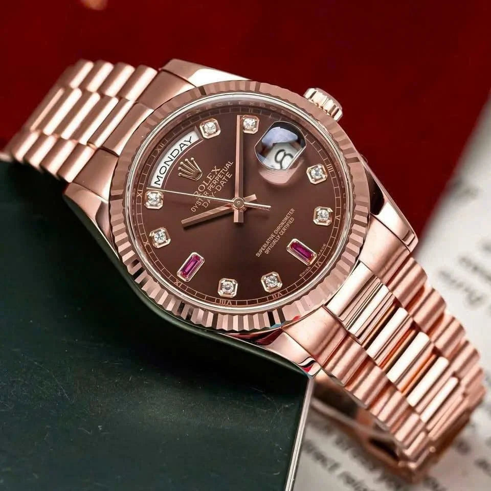 Day-Date 36mm Rose Gold 18K Chocolate Dial Ruby Diamond 118235